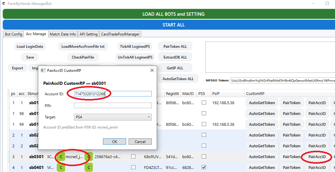 PairAccID Dialog with Marked Positions